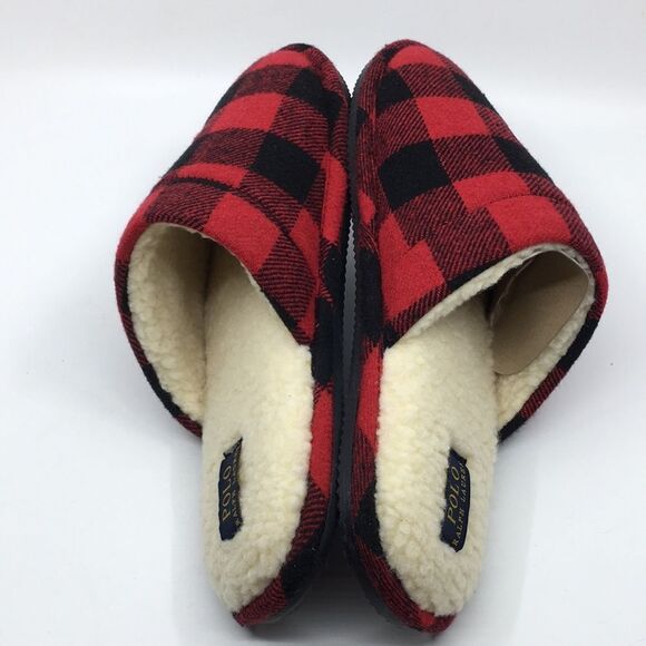 Polo Ralph Lauren Big Pony Red and Black Buffalo Plaid faux Sherpa Slippers L - Picture 15 of 16